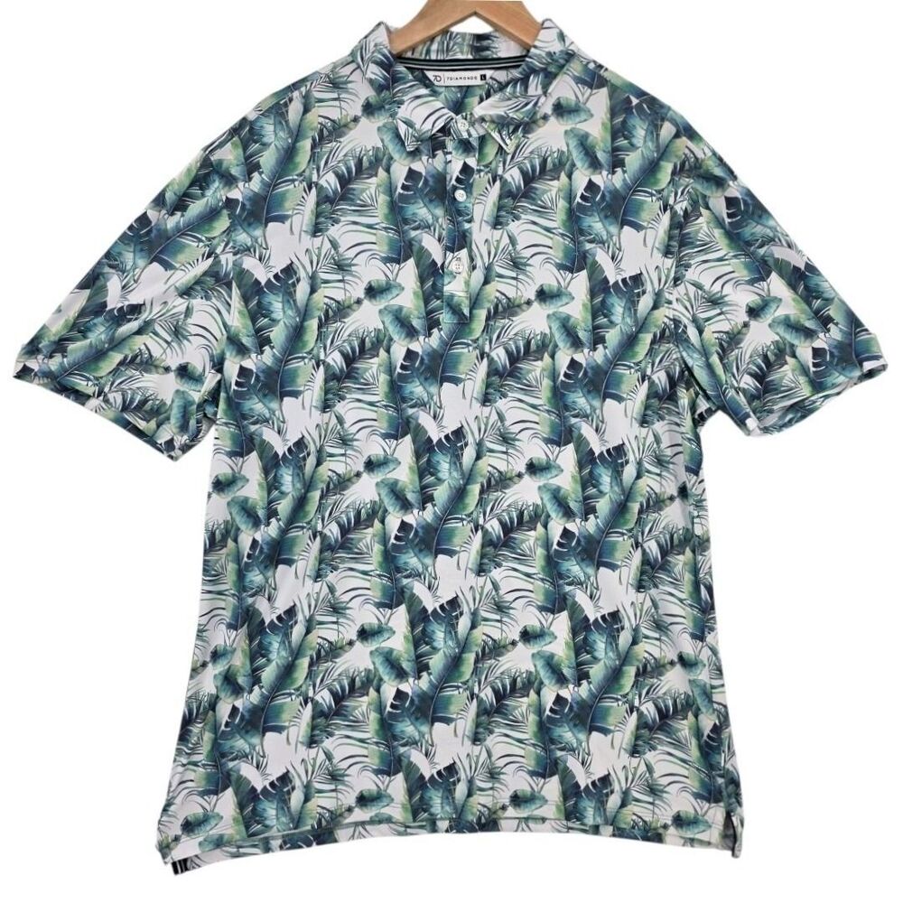 7 DIAMONDS Mens L Rue 4 Way Stretch Golf Polo Shirt Palm Leaves Print